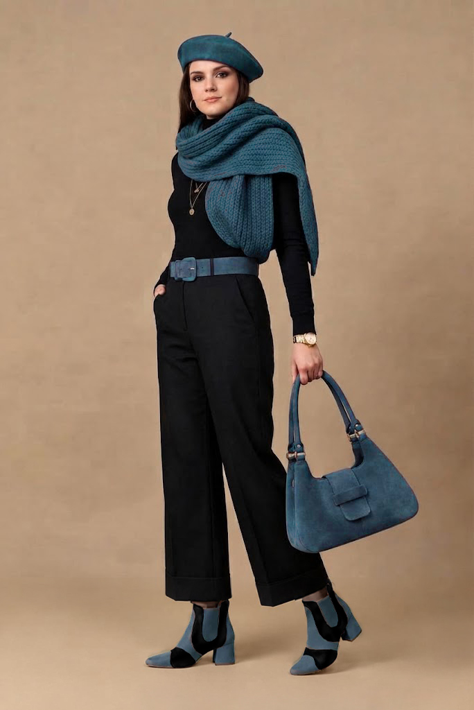 Women's pitch black and peacock blue two-tone chelsea boots with round toe and low flared heel - Top view